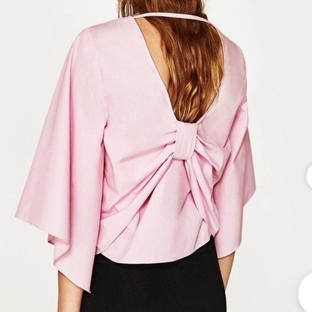 Zara Pink Cotton Cropped Batwing With Ruched Tie-Back Blouse Size L
